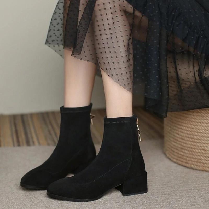Fashion Ankle Boots for Women Work Suede Zip Medium Heels Woman Short Shoes Y2k Fashion 2025 High Quality Hot Booties Chic and Elegant