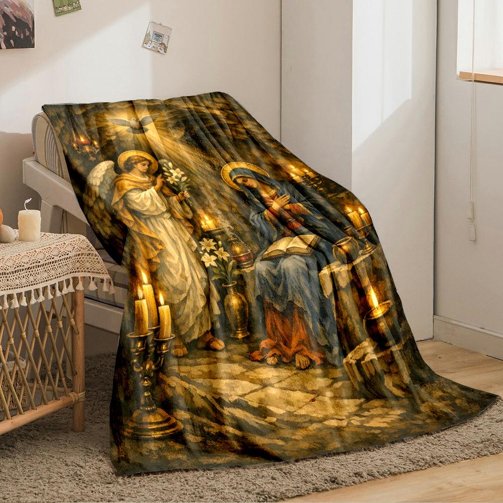 Angel and Virgin with Candlelit AmbianceFlannel blanket for bedroom, living room, sofa, and nap