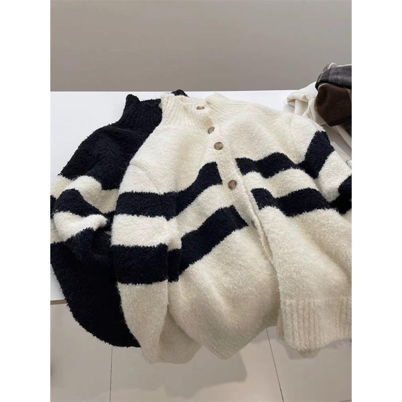Fashion Turtleneck Striped Knitted Cardigan Women's Sweater Autumn and Winter Coat Loose Simple Casual Office Top Ladies Clothing
