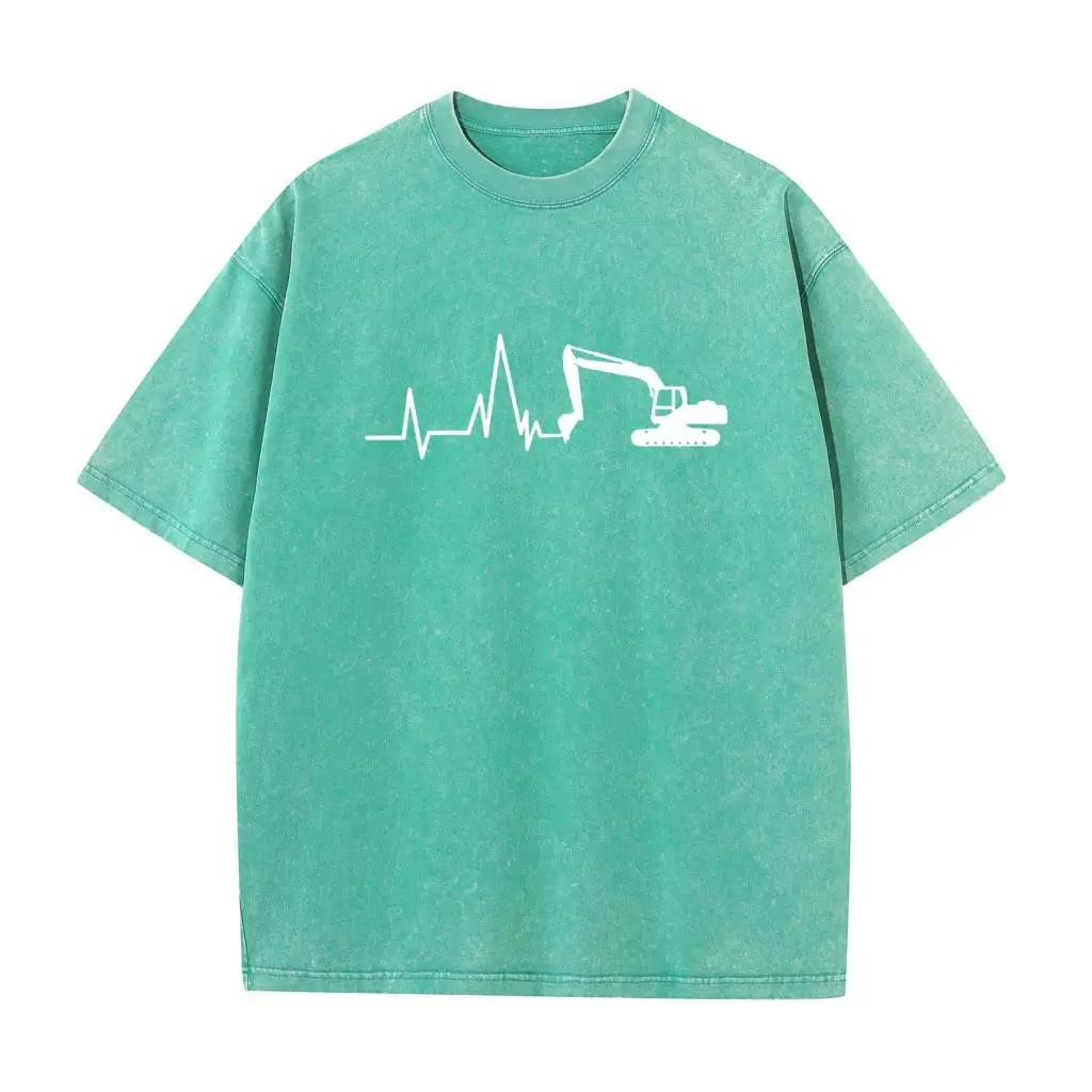 Yeni Ekskavatör Yıkanmış Tişört Erkek Pamuk Ekskavatörün Kalp Atışı Ağartılmış Tişört Erkek Giyim Ağartma Tişört