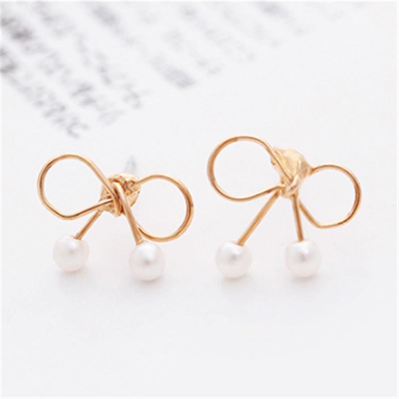 

Милые полые маленькие жемчужные модные женские серьги с бантом золотой