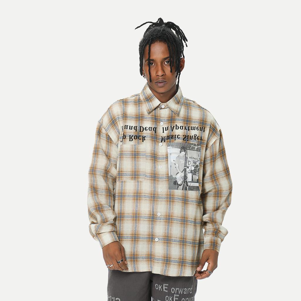 Pánská všestranná podzimní pouliční postava s potiskem písmen, kostkovaná košile s dlouhým rukávem, trendy kostkovaná košile se stojáčkem