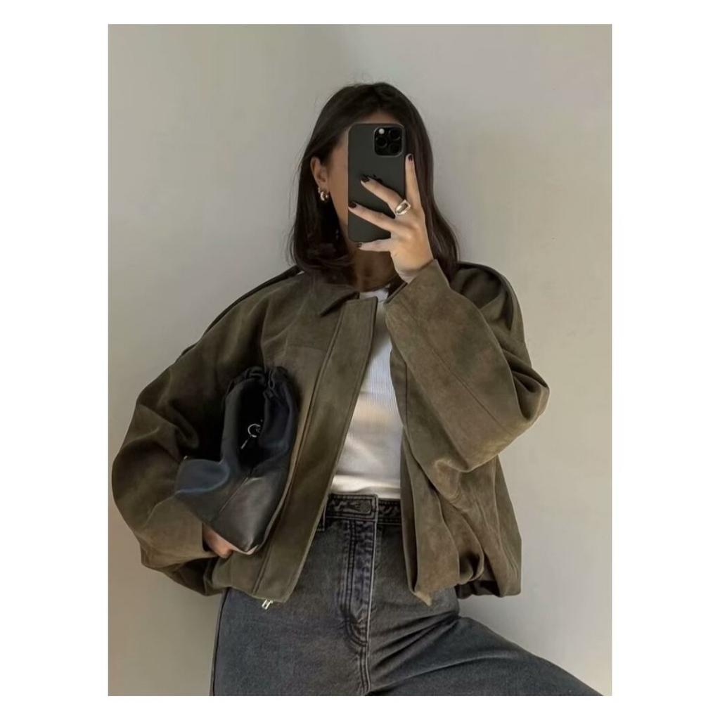 Dámská krátká pilotní bunda Jarní bunda Volná Dlouhý rukáv Zip Retro bunda Dámská Nová bunda