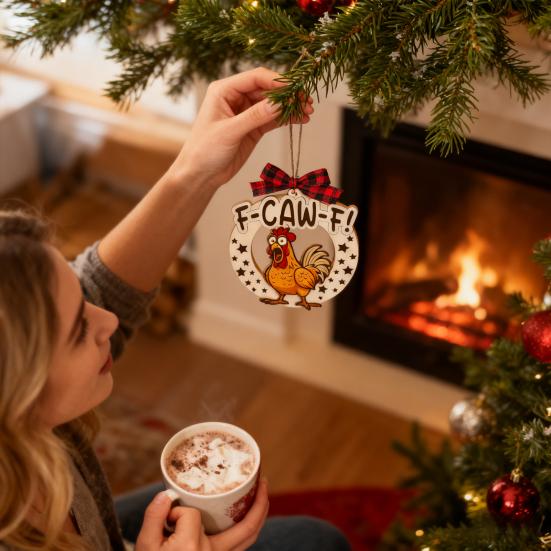 Funny F-Caw-F Chicken Christmas Ornament Wooden Rooster Christma Tree Decoration White Elephant Gag Gifts for Chickens Lovers Adults Women