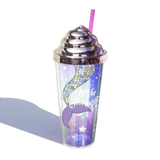 420ml Water Cup with Straw Double Wall Heat Insulated BPA Free Leak-proof Drinkware Plastic Mermaid Pattern Sippy Cup for School