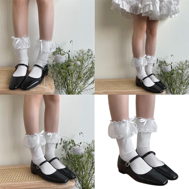 Fashionable Ruffle Mesh Splicing Ankle Socks with Bows Detail Breathable Elegant Solid Color Middle Tube Socks for Women