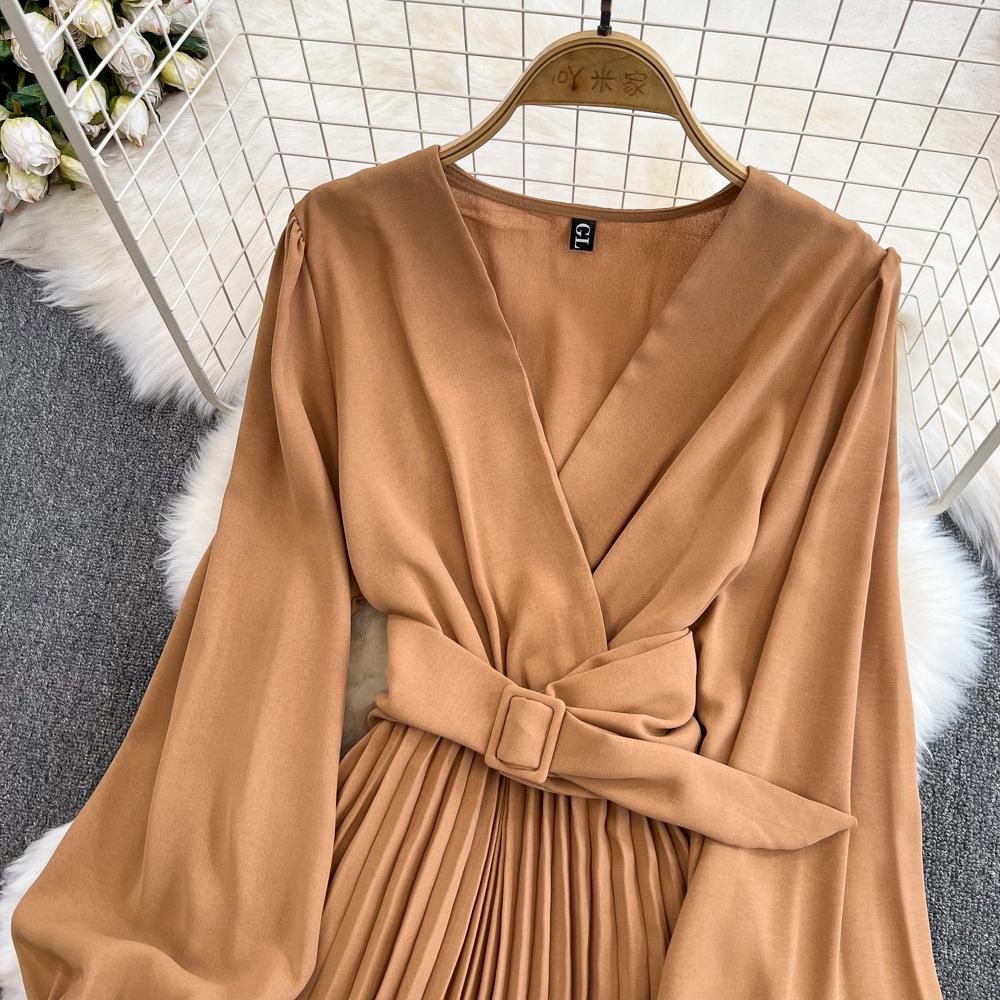 YYFS Abiti casual a vita alta con scollo a V a maniche lunghe con stampa tinta unita primavera autunno moda donna