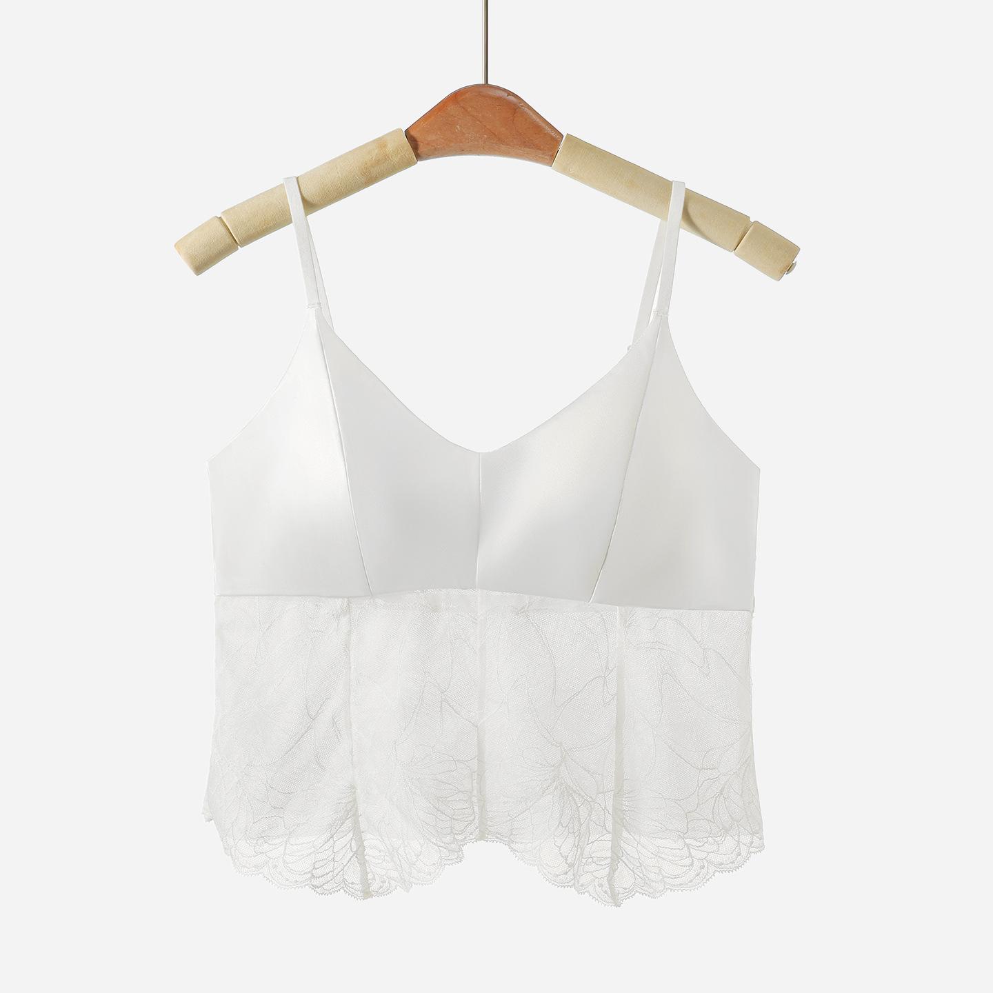 

Lace splicing ice silk beauty back sling vest integrated cup thin slim and thin Spice Girl top with female inside XL білий