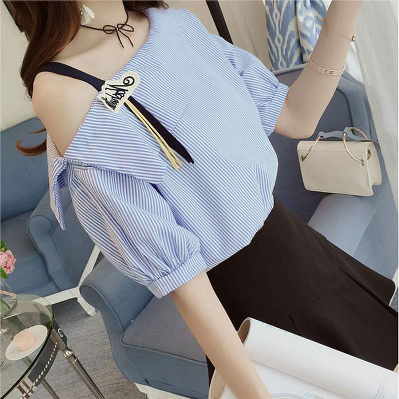 

Women s Off-the-Shoulder Striped Short-Sleeve T-Shirt - 2024 Summer Trendy and Versatile Top M