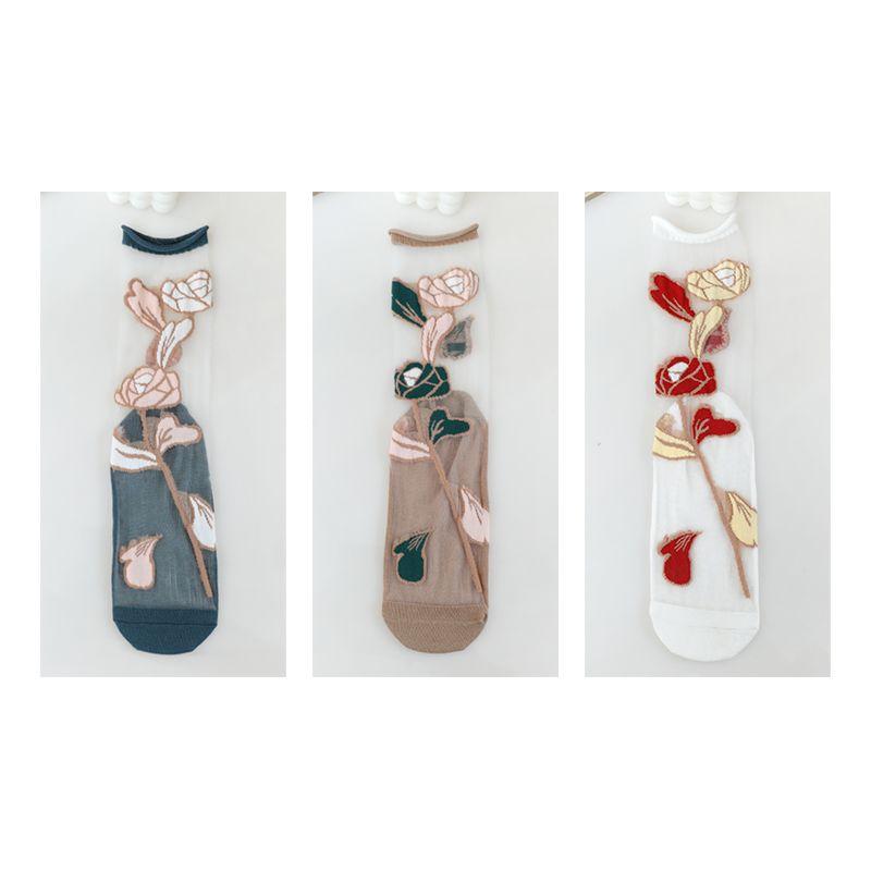 1/3/5/10 Pairs See Through Transparent Nylon Long Socks Women Summer Ultra-thin Breathable Crystal Silk Socks Embroidery Floral Cute Lace Socks