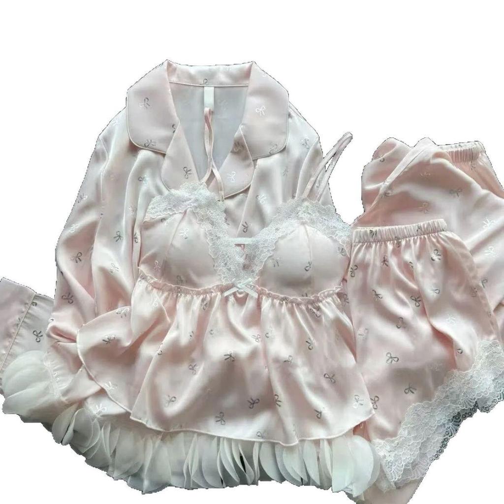 Set de pijama de vară pentru femei din mătase de gheață, maiou cu plăcuțe pentru piept - Set de 4 piese cu mânecă lungă pentru acasă