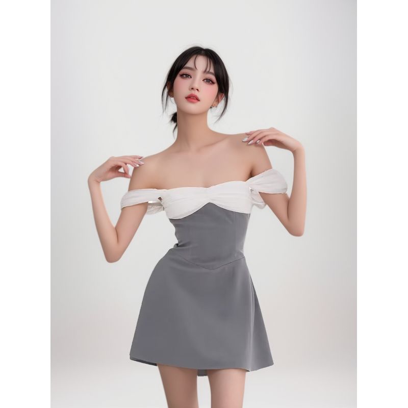 Sweet American Style Sexy Pure Desire Stylish off-Shoulder Contrast Color Patchwork Waist-Slimming Elegant A- Line Skirt Dress