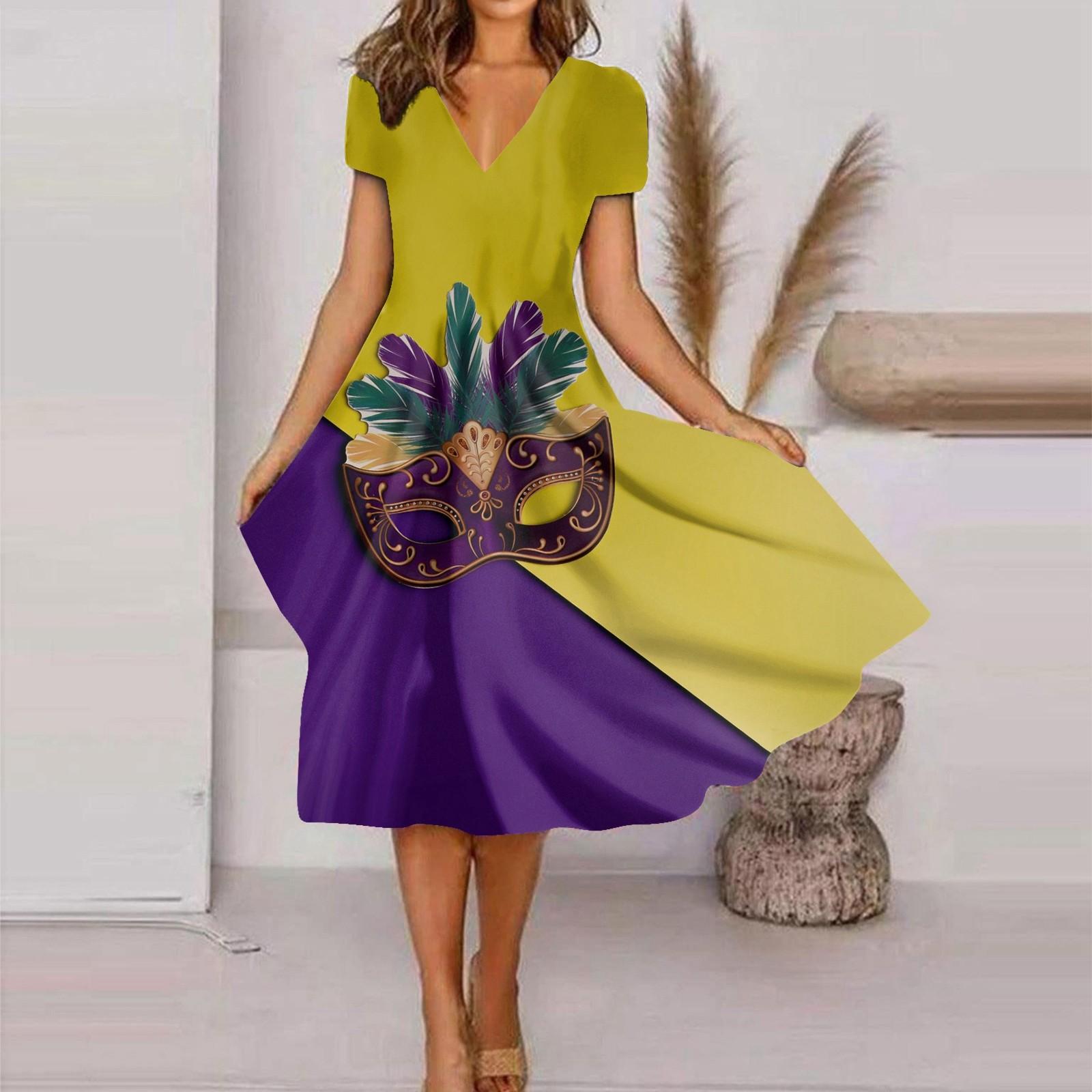 

Женское летнее повседневное модное свободное платье с коротким рукавом и v-образным вырезом с принтом M жёлтый