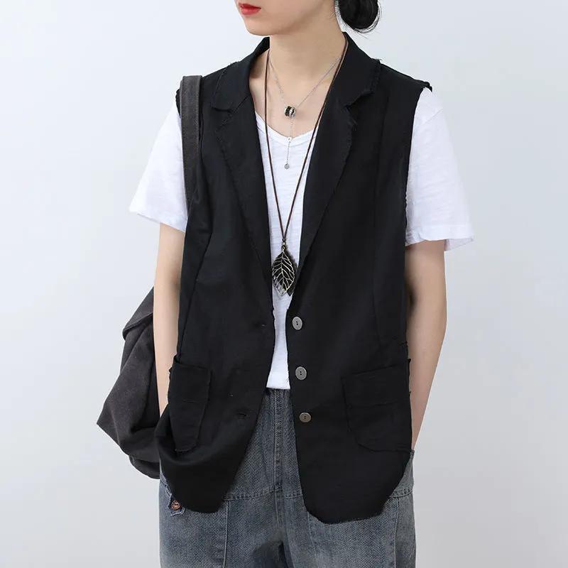Solid Color Cotton Vest Women's Spring and Autumn Vest Lapel Pocket Waistcoat Waistcoat Outer Thin Section