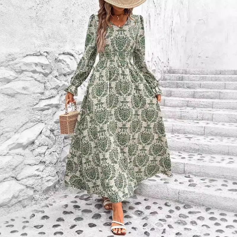 Herbst Damen Bedruckte Kleider mit V-Ausschnitt und langen Ärmeln