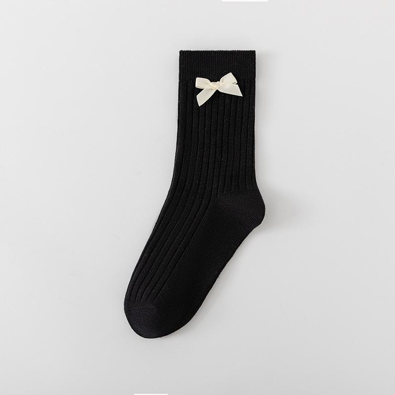 Ladies Fall Bow Ballet Style Solid Color Vertical Stripe Mid Tube Cotton Socks