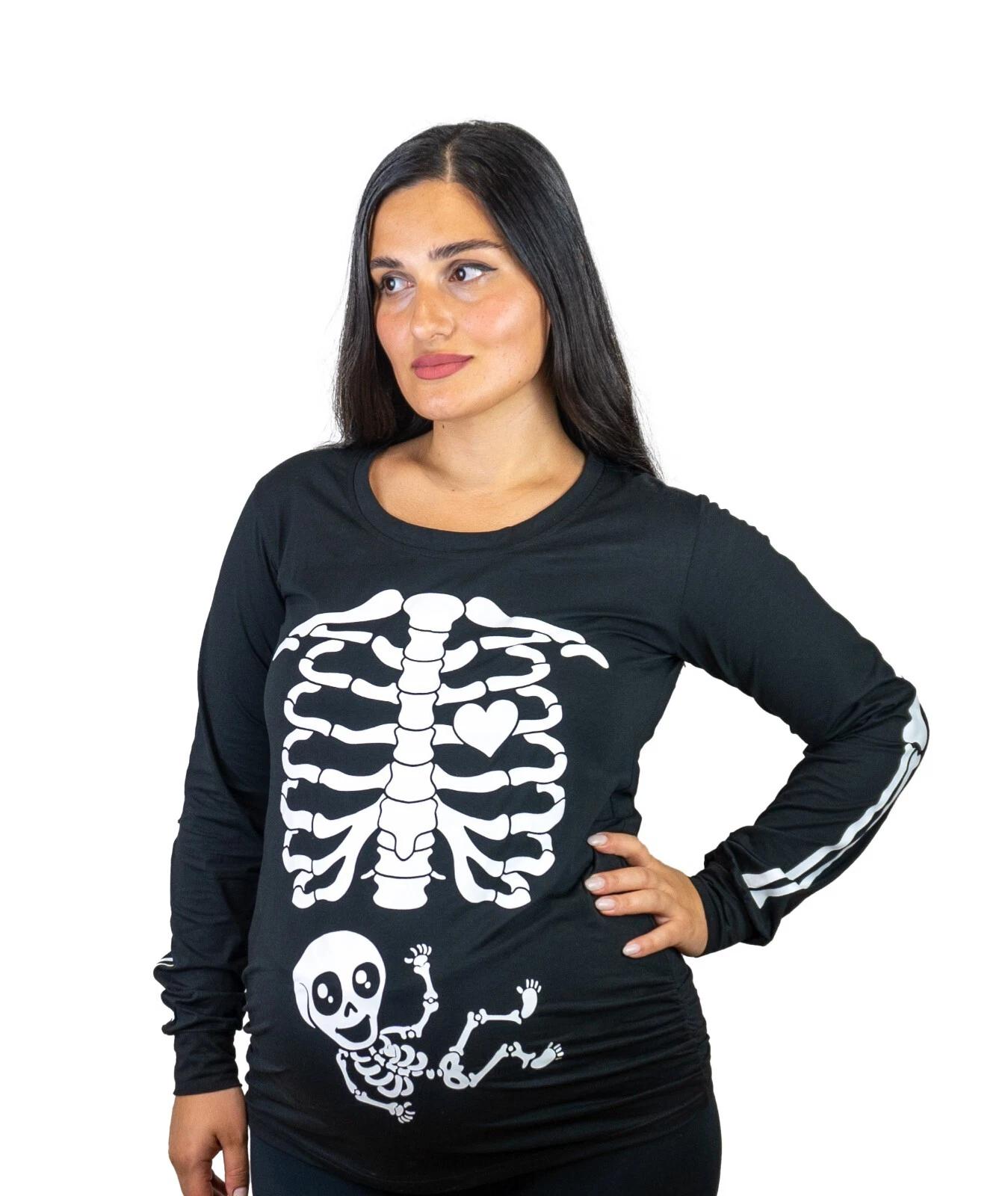 Halloween glow in the dark Long Sleeve Maternity shirt Skeleton X-ray reveal top L