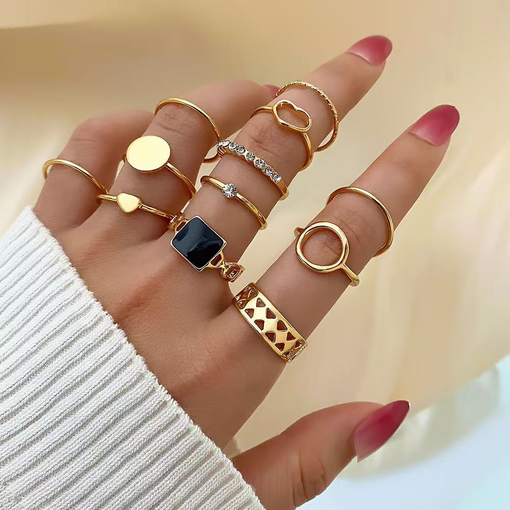 12PCS Set Of New Irregular Geometric Ring Alloy Plated Metal Adjustable Finger Ring For Women, Fashion Statement Jewelry Party N