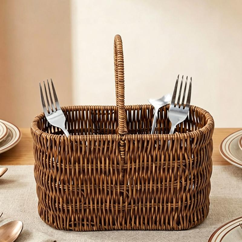 Portable Tableware Basket with Top Handle, Artificial Wicker PE Flatware Holder for Dining Table Service, Counter Storage, and Outdoor Meals