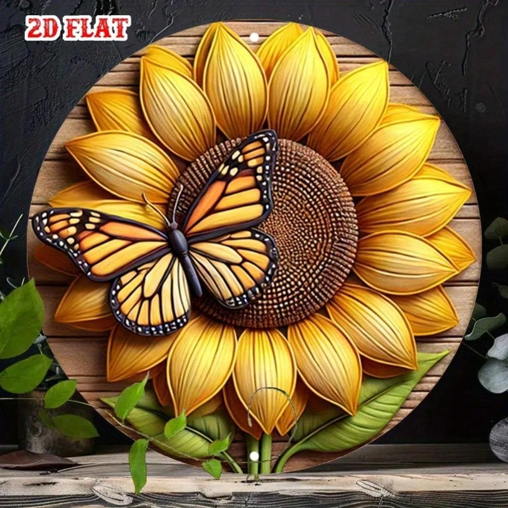 Vintage Sunflower Butterfly Metal Wall Art Rustic Farmhouse Round Aluminum Sign 20x20