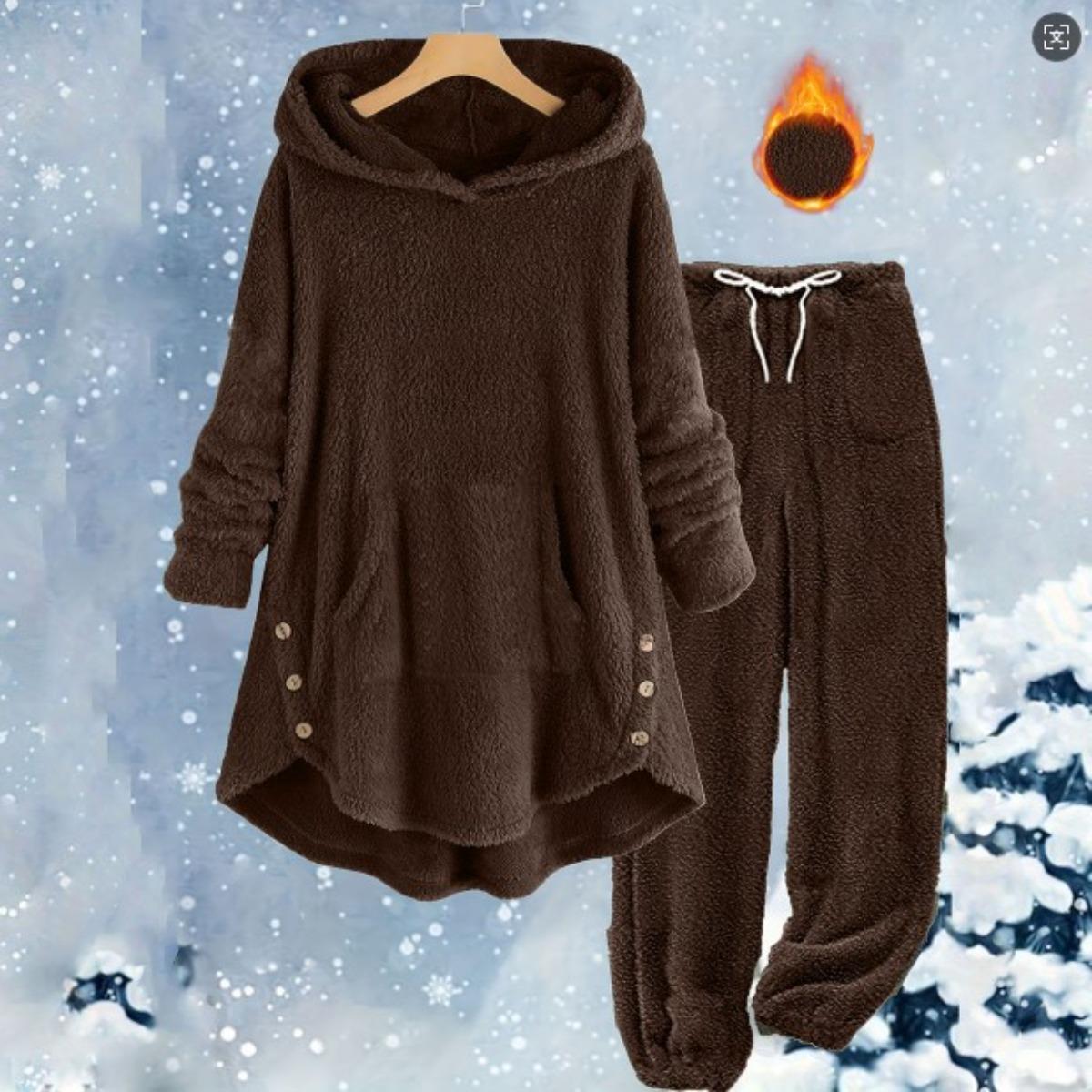 

Осень и Зима Новая Повседневная Женская Одежда Однотонный Плюшевый Худи с Длинным Рукавом и Брюки Комплект для Женщин 3XL кофейный