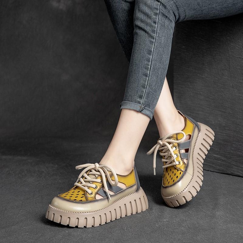 Johnature Thick Sole Mixed Colors Genuine Leather Retro Sandals Roman Style Lace-up Women's Flat Platform Shoes