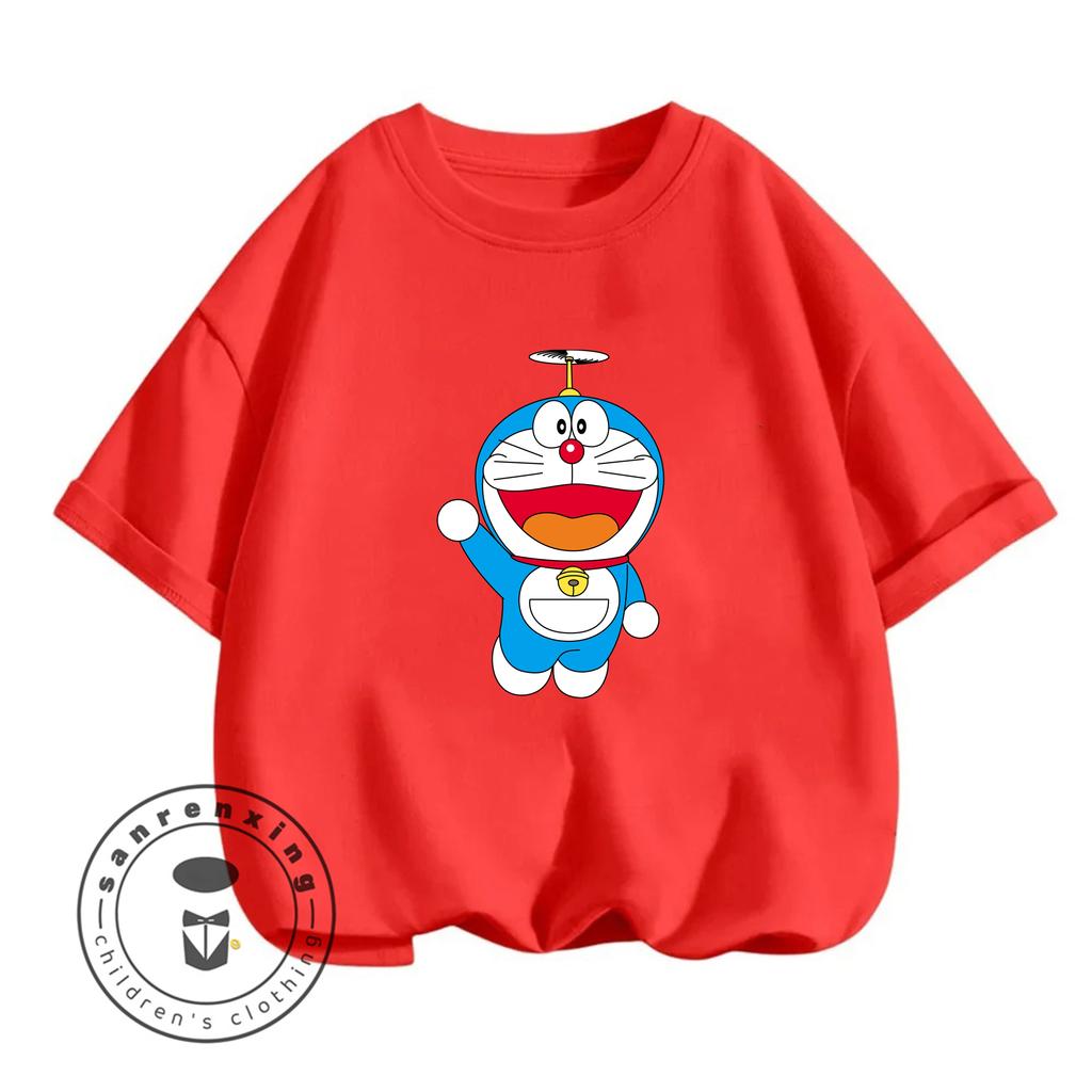 Summer Crew Neck T-shirt for Casual Everyday Wear, Doraemon Cute Cartoon Fashion Street Style