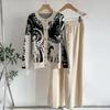 Autumn Winter Women Casual Print Knitted Sweater Trouser Two Piece Set Single Breasted Jacket Tops and Drawstring Pant Tracksuit