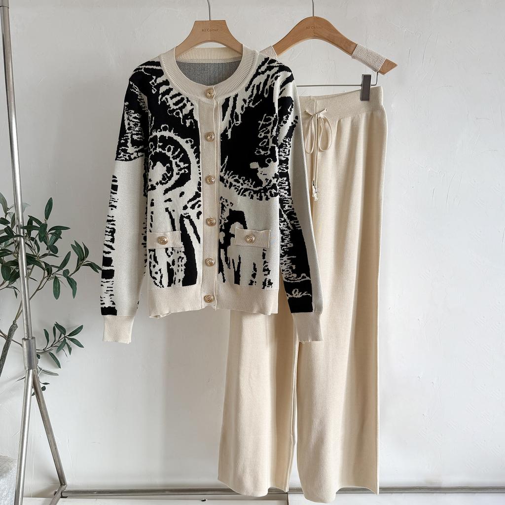 Autumn Winter Women Casual Print Knitted Sweater Trouser Two Piece Set Single Breasted Jacket Tops and Drawstring Pant Tracksuit
