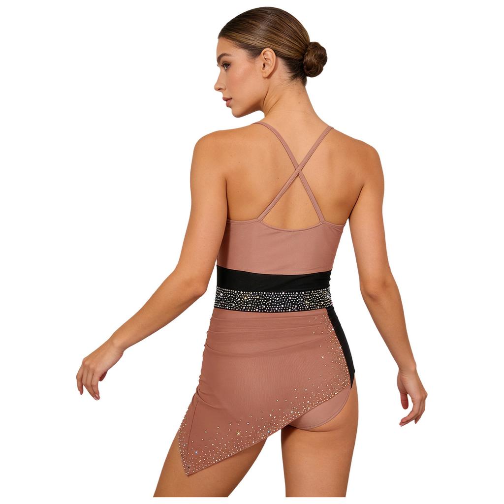 Womens Figure Skating Sling Bodysuit Sparkle Rhinestone Ruched Irregular Mesh Overlay Color Block Leotard