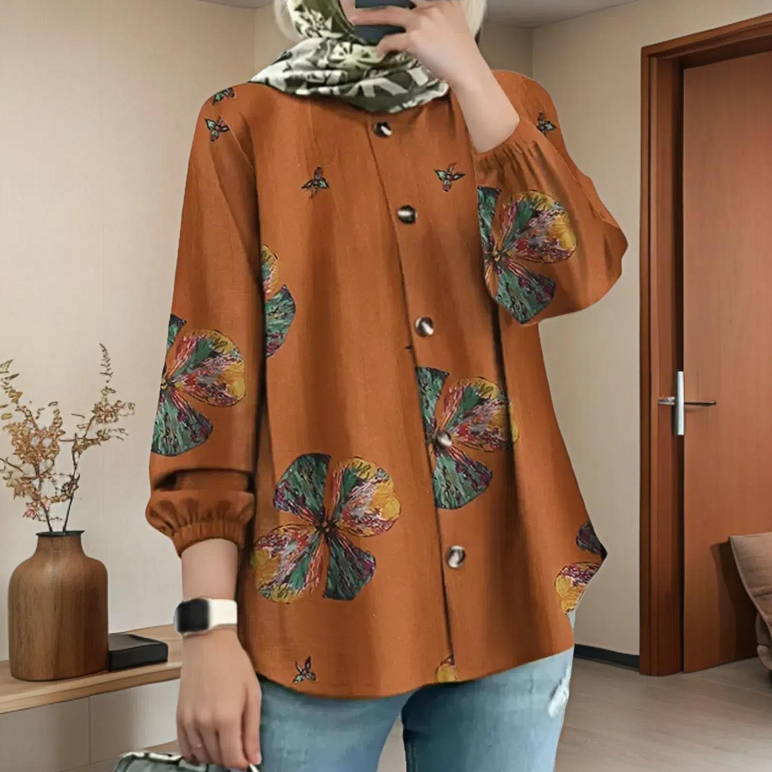 

GMXIA Женская мусульманская рубашка с принтом, модная рубашка с пышными рукавами, повседневная свободная одежда XXL оранжевый