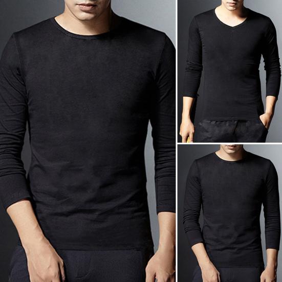 Men Thermal Shirt Fall Winter Base Layer Shirt Fleece Lined V-Neck Pullover Solid Color Warm Long Sleeve Tee Shirt for Daily Wear Sports