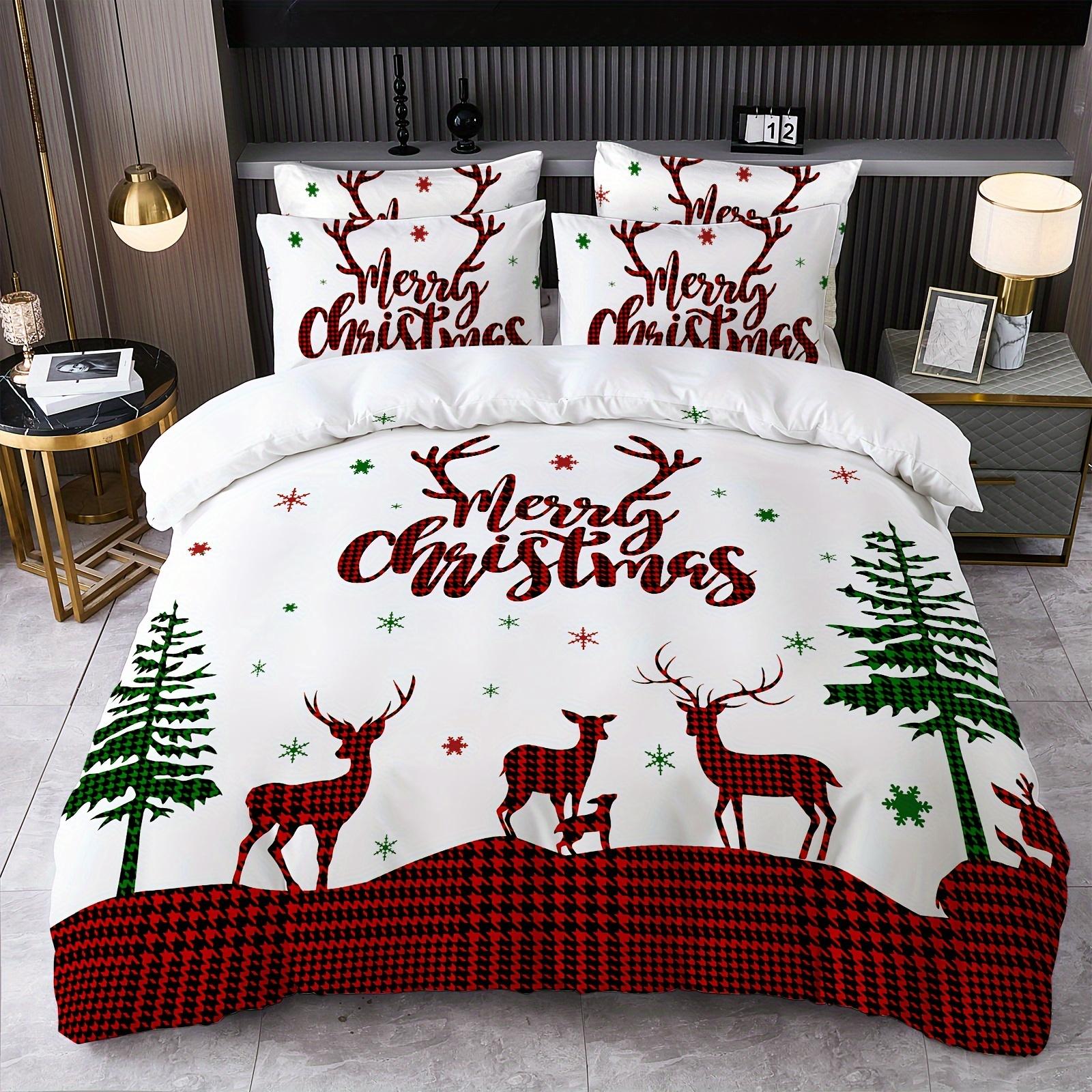 

Merry Christmas Duvet Cover Set Plaid Reindeer Christmas Tree Print Bedding Set Soft Comfortable Duvet Cover For Bedroom 90X200cm
