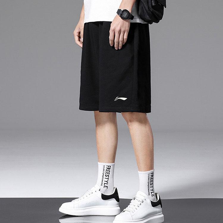 Li-Ning Embroidered Logo Knit Solid Loose-Fit Five-Point Sports Shorts Men shorts Black AKST453-1