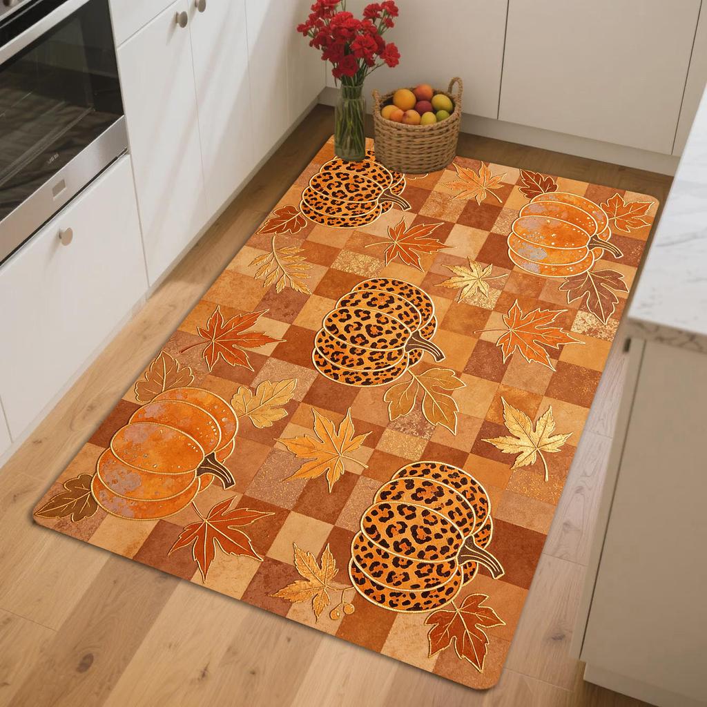 Fall Pumpkin Floor Mat Leopard Print Maple Leaf Checkered Pattern Anti‑Slip Washable Doormat Entryway Porch Home Decor