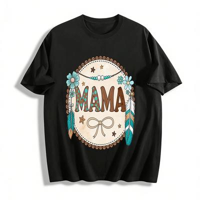 Boho-Stil MAMA Aufdruck Lässiges Rundhals-Oberteil Für die Familie Reines Baumwoll-T-Shirt