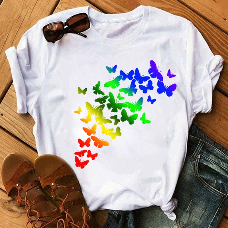 Fashionable Plus Size Color Butterfly Print Simple Base Shirt Loose Fitting Clothes Pure Cotton T-Shirts Women’s