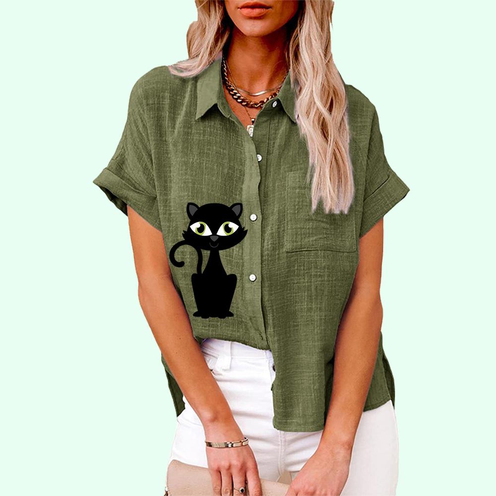Plus Size Women Casual Short Sleeved Linen Top Fashion Cat Print T-shirt Ladies Loose Buttoned Blouse