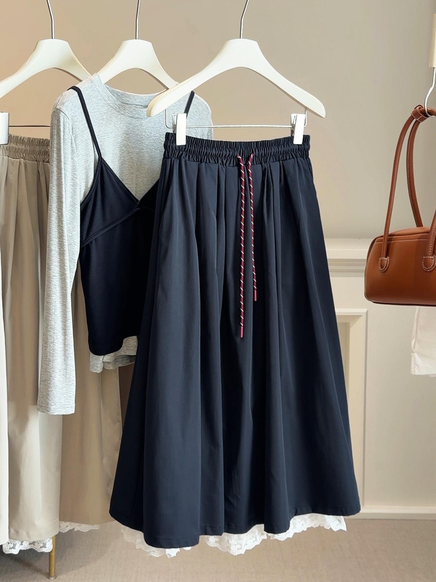 Women s 2026 High-Waisted Lace Hem A-Line Midi Skirt with Drawstring Waist One Size синий