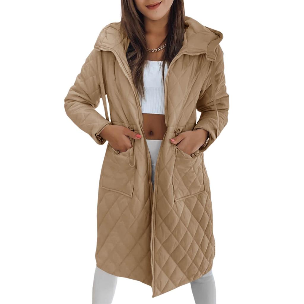 Womens Long Quilted Jackets Zip Up Hooded Drawstring Waist Coats With Pockets