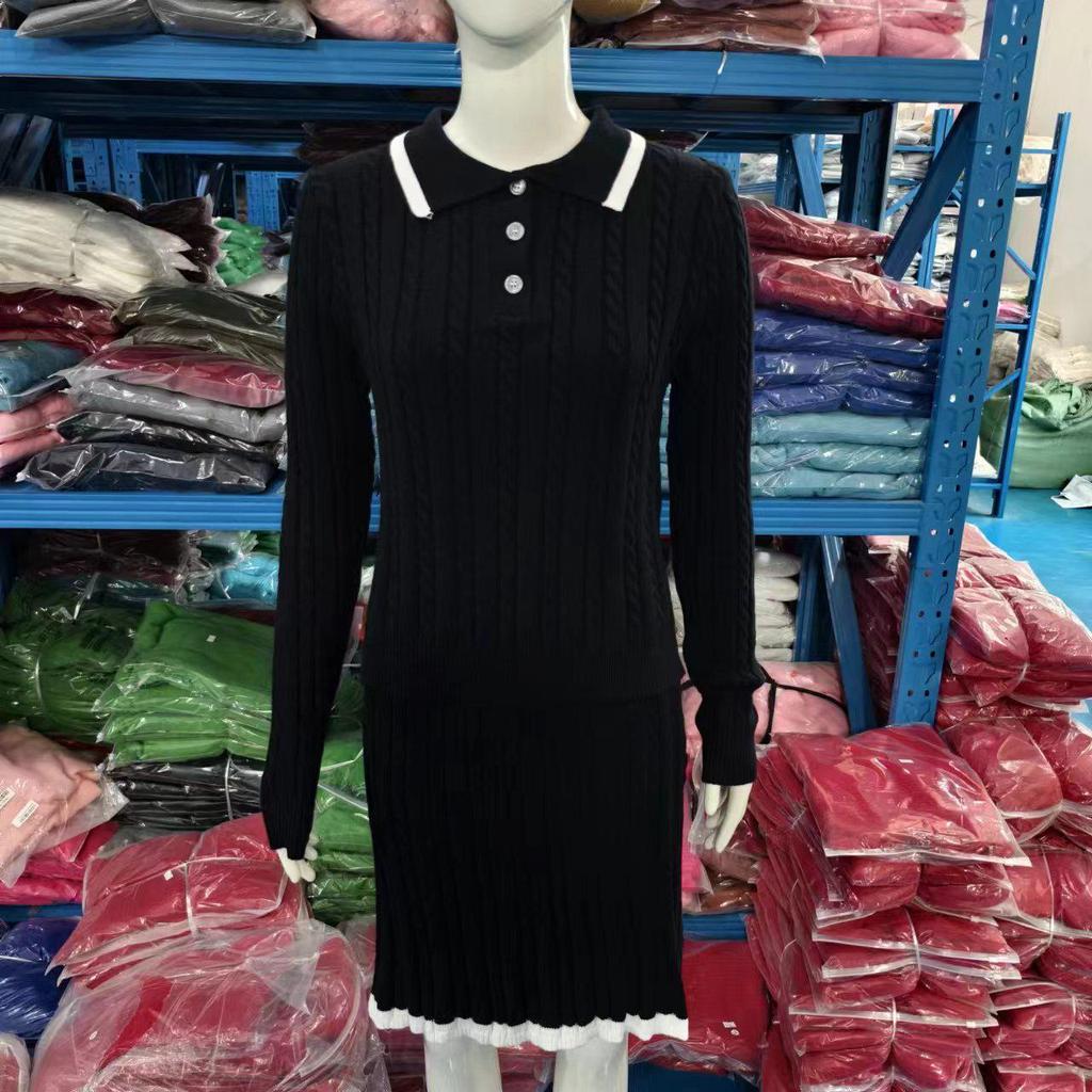 European & American Casual Long Sleeve Knit Sweater and Short Skirt Two-Piece Set for Women