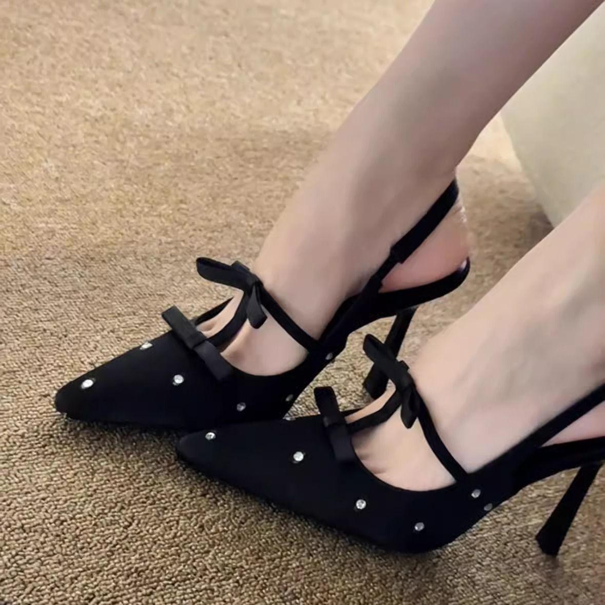 

Slim heel empty sandals cute polka dot bow everyday black high heels sexy rhinestones 40 чорний