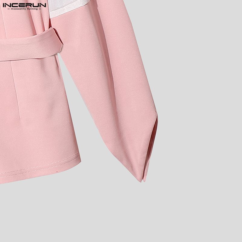INCERUN Men Long Sleeve Patchwork See Through Mesh Bandage Waist Party Tops Shirts