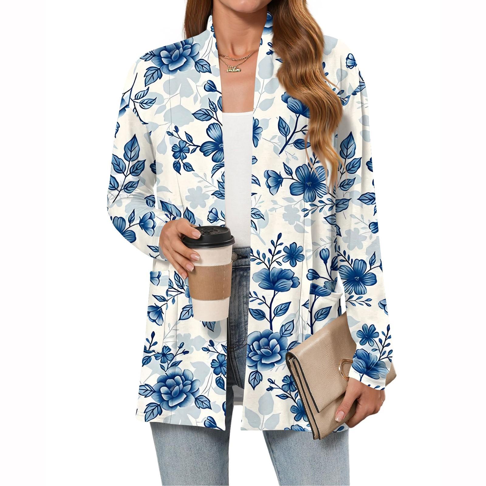 

Женский модный повседневный кардиган с длинным рукавом, тонкий свободный кардиган-жакет с карманами L синий