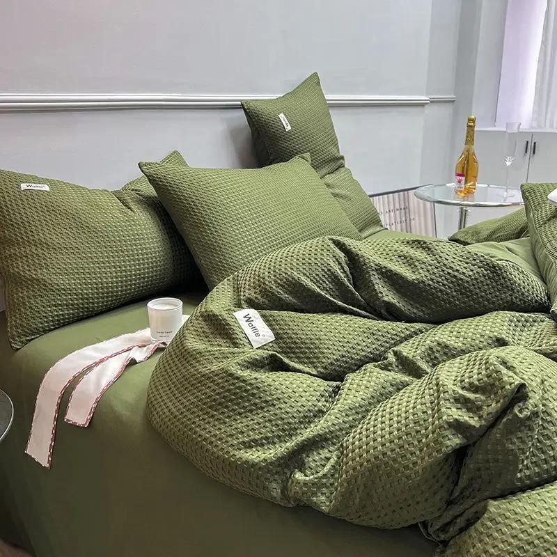 

Bedding Set Luxury High Grade Light Washable Cotton Waffle Four Piece Olive Green Quilt Cover Bed Sheet Dormitory Three Piece 1.2M-3PCS