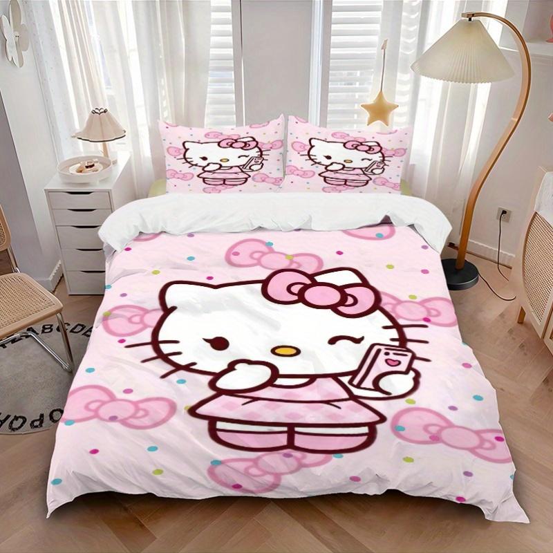 3pcs Sweet Hello Kitty Printed Bedding Set, Soft and Comfortable Quilt Cover for Bedroom, Guest Room (1 Duvet Cover + 2 Pillowcases, Pillow