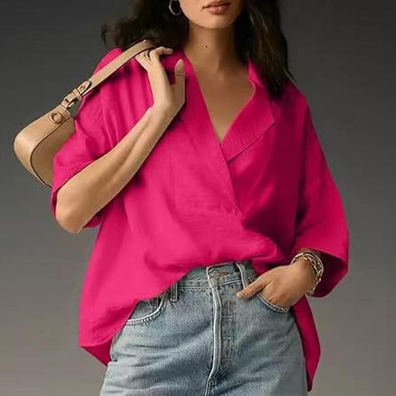 Women White Notch Lapel Half Sleeve Draped Front Blouse