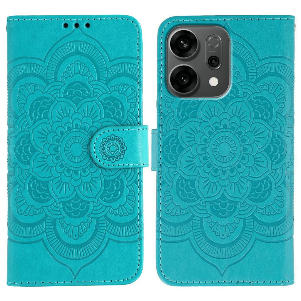 For Oppo Reno14 5G (Global) Case PU Leather Mandala Imprinted Design Wallet Phone Cover with Wrist Strap