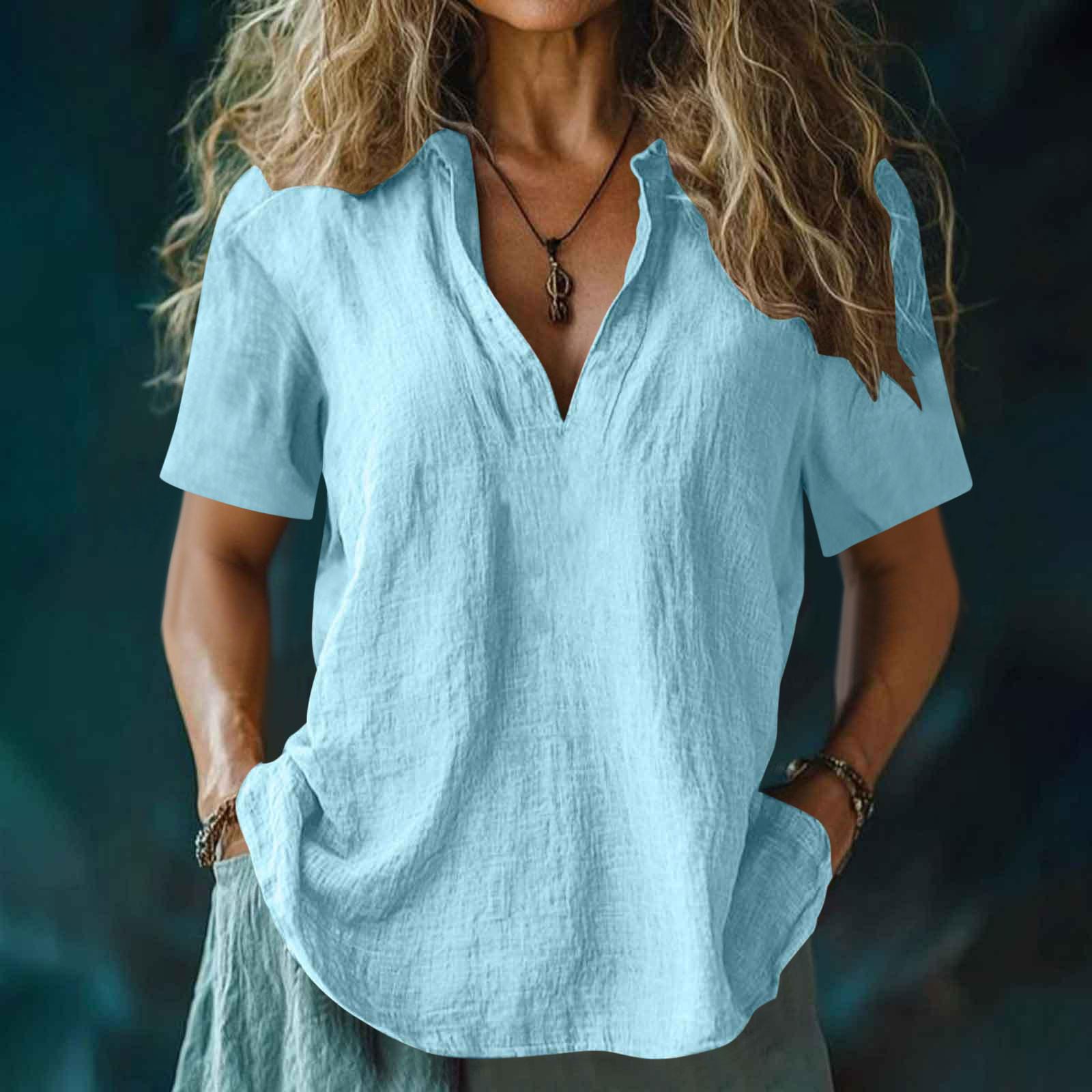 

Womens Linen Short Sleeve V Neck Casual Blouse Loose Fit Lightweight Summer Top for Daily Work Travel Beach Wear L