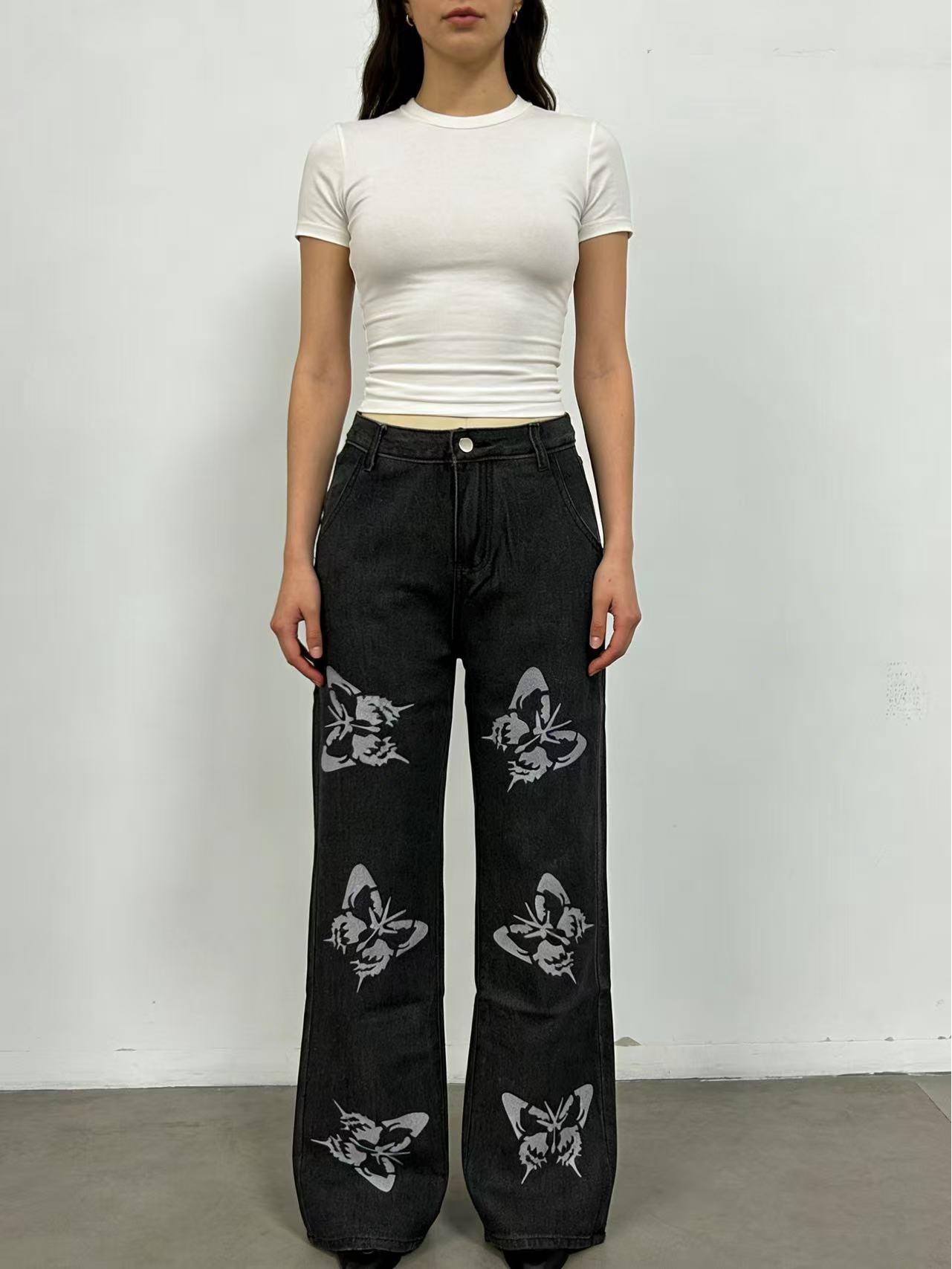 European and American Fashion Loose Printed Straight-Leg Slimming Women s Jeans S